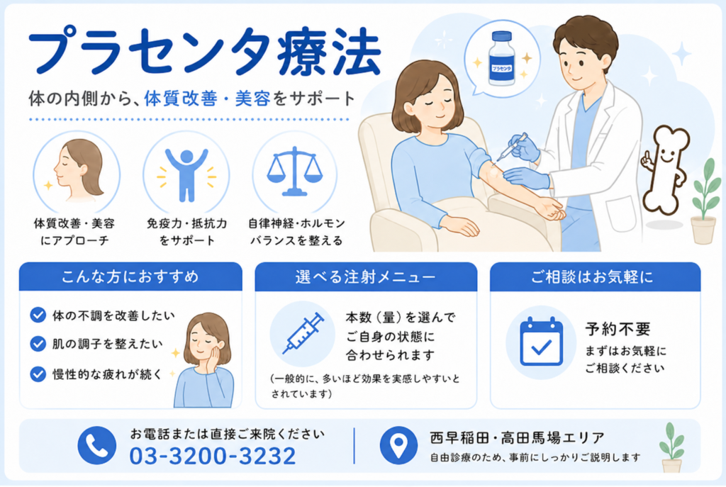 プラセンタ療法の主な効果や仕組み、当院の特徴について解説するイラスト画像