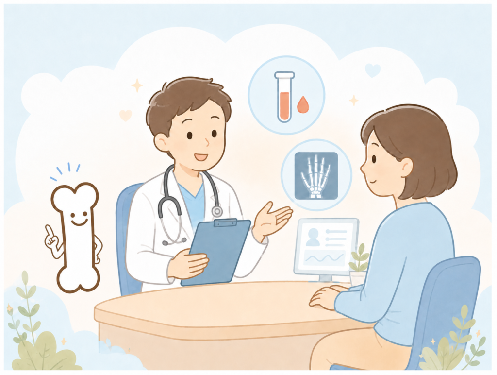 にしむら整形外科クリニックの丁寧な診察と分かりやすい説明を行う診療風景のイメージイラスト