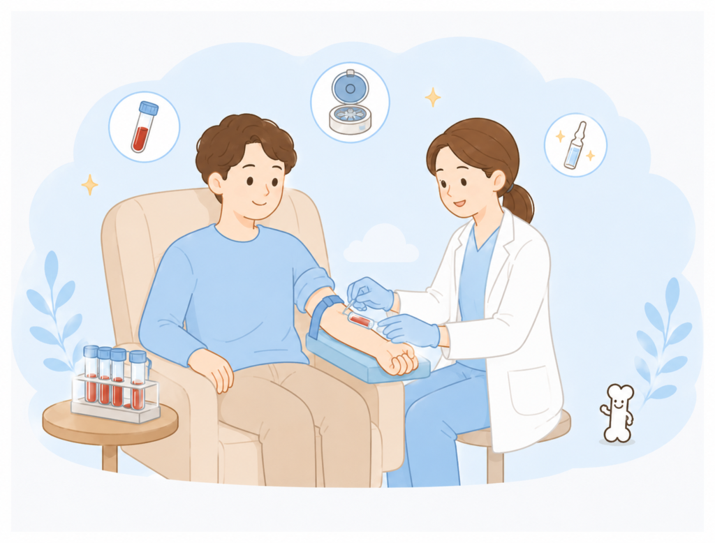PRP-FD治療に用いる血液をご自身の腕から採血している様子のイラスト画像
