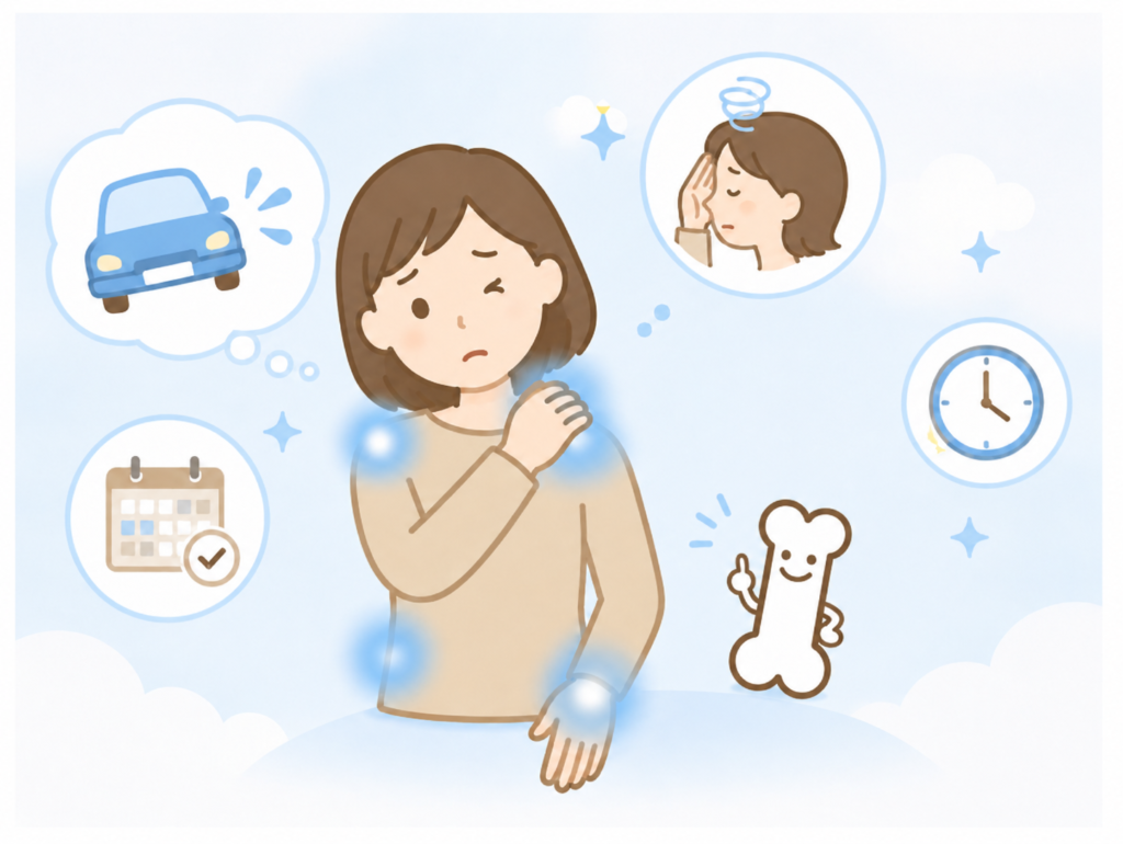 にしむら整形外科クリニックの交通事故治療で対応する主な怪我(むちうち・首の痛み・腰痛・打撲)の部位解説イラスト