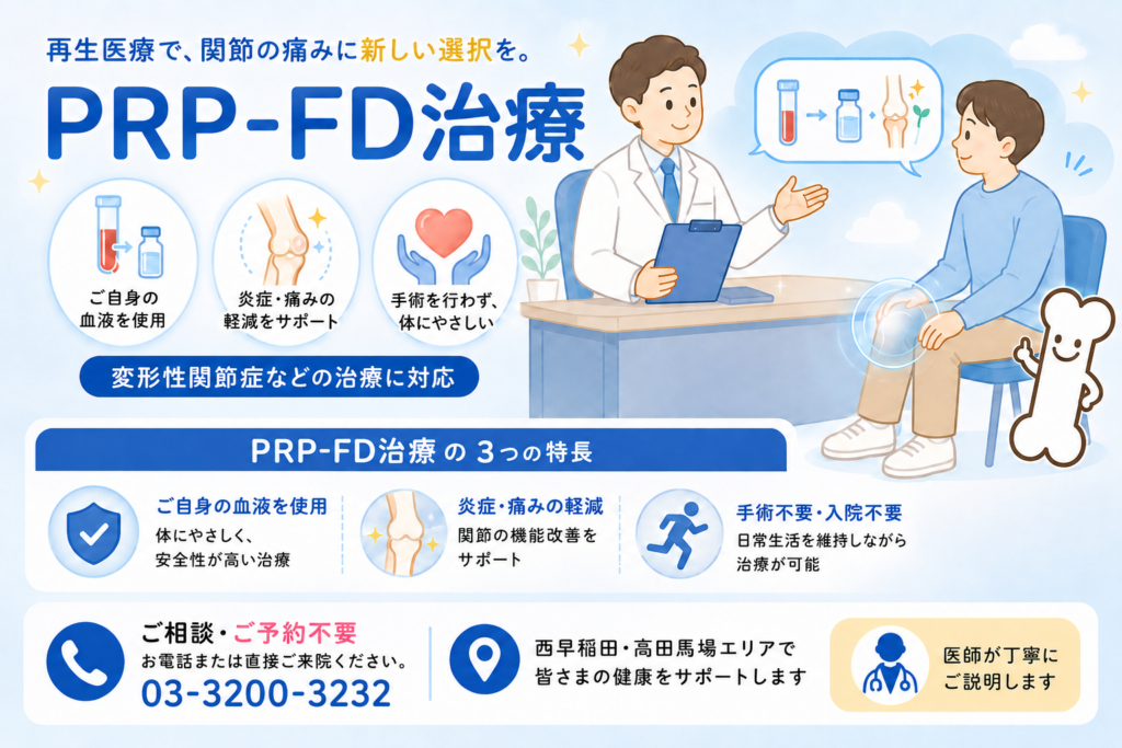 PRP-FD治療（血小板由来因子濃縮物）の仕組みや関節組織修復のメカニズムを解説するイラスト画像