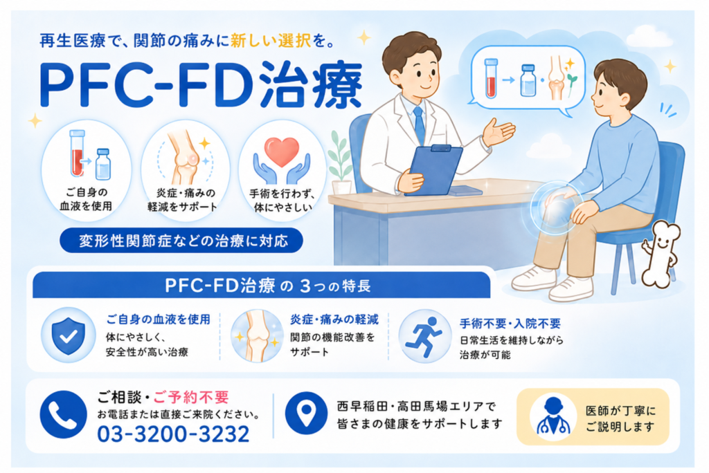 PFC-FD治療(血小板由来因子濃縮物)の仕組みや関節組織修復のメカニズムを解説するイラスト画像