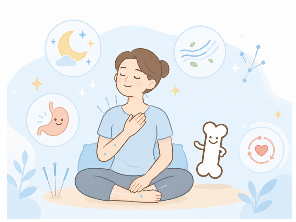 鍼灸治療により自律神経が整い全身がリラックスしているイメージイラスト画像