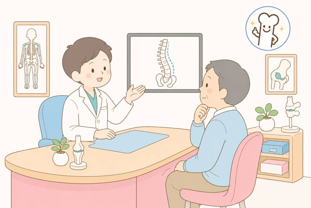 腰痛で何日続いたら病院に行くべきかの目安と、早期受診が必要な症状を解説するイラスト