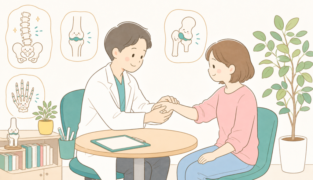 関節リウマチは何科を受診すべきか悩む患者と、検査や治療について解説する整形外科医のイラスト