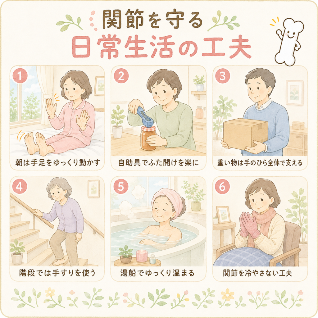 瓶のフタを自助具で開ける・手すりを使う・お風呂で温まるなど、関節リウマチと付き合うための日常生活の工夫を示したイラスト集(新宿区西早稲田「にしむら整形外科クリニック」)