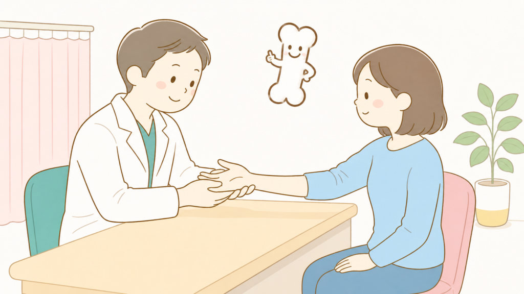 手のしびれで整形外科を受診した際の検査(問診・レントゲン)や保存的治療、受診の目安を解説するイラスト