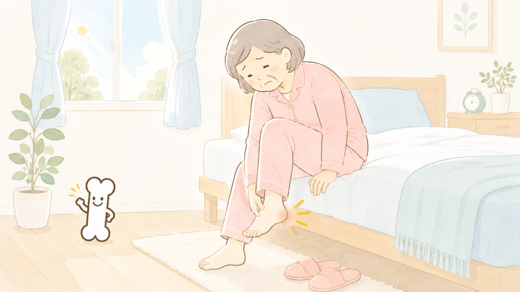 朝起きて布団から立ち上がる際にかかとの痛みに驚く女性のイラスト（新宿区西早稲田の整形外科「にしむら整形外科クリニック」）