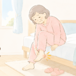 朝起きて布団から立ち上がる際にかかとの痛みに驚く女性のイラスト（新宿区西早稲田の整形外科「にしむら整形外科クリニック」）