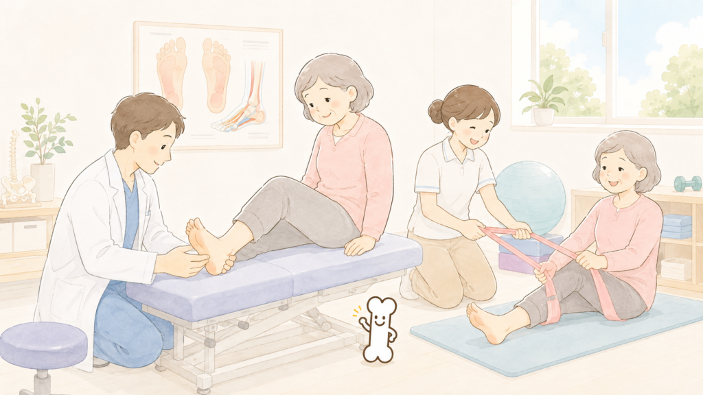 足底腱膜炎によるかかとの痛みを抱えて歩く様子と、整形外科で医師に受診のタイミングを相談するイラスト（新宿区西早稲田「にしむら整形外科クリニック」）