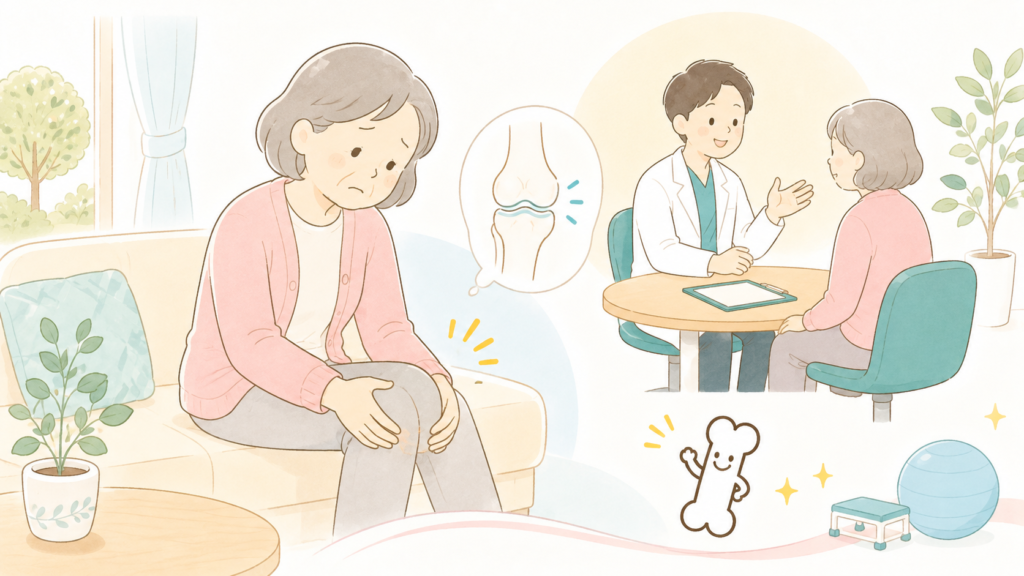 膝の痛みを抱える高齢女性が、新宿区西早稲田の整形外科「にしむら整形外科クリニック」で医師から丁寧に診察・説明を受けているイラスト