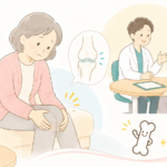 膝の痛みを抱える高齢女性が、新宿区西早稲田の整形外科「にしむら整形外科クリニック」で医師から丁寧に診察・説明を受けているイラスト