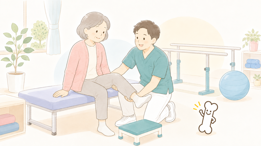 整形外科のリハビリ室で専門スタッフの指導のもと膝の運動療法やトレーニングを行う様子（新宿区西早稲田「にしむら整形外科クリニック」）