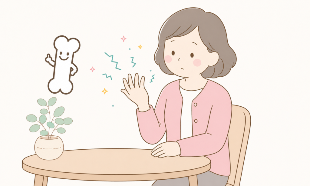 手のしびれは何科を受診すべきか悩む患者と、原因や受診の目安を解説するイラスト