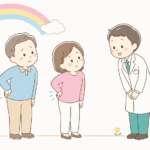 腰痛で受診に悩む男女と、腰の仕組み・受診先を解説する整形外科医師のイラスト