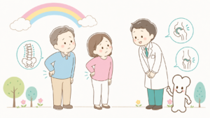 腰痛で受診に悩む男女と、腰の仕組み・受診先を解説する整形外科医師のイラスト