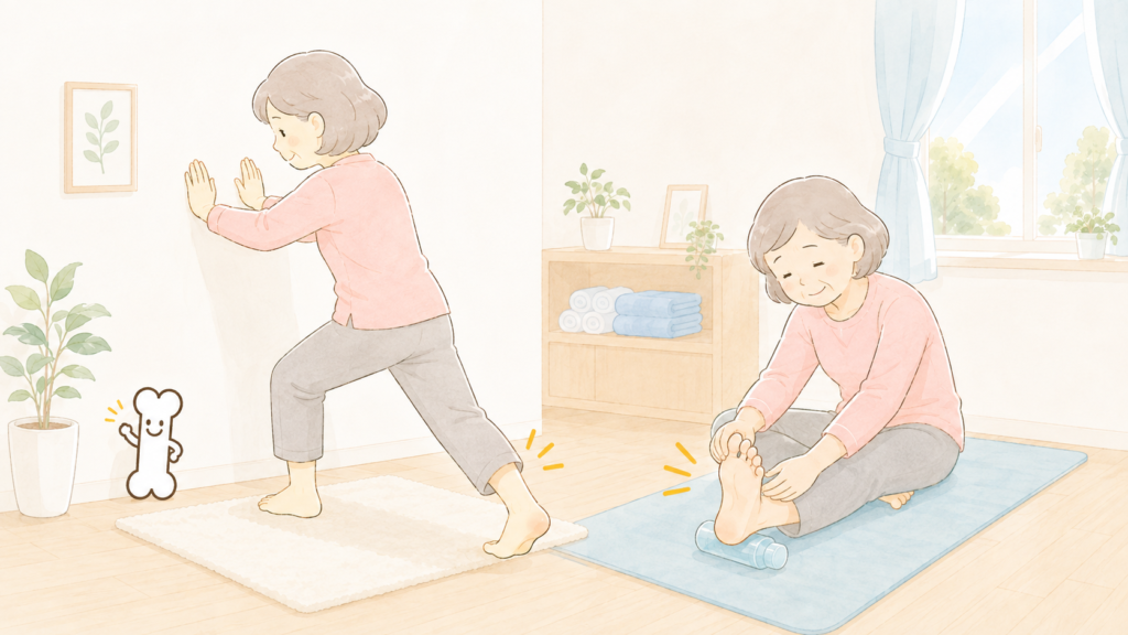 足底腱膜炎によるかかとの痛みを和らげるために足裏のストレッチを行うイラスト（新宿区西早稲田の整形外科「にしむら整形外科クリニック」）