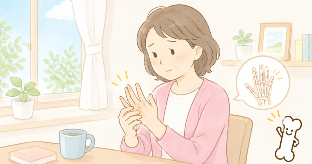 リラックスして過ごしながら関節への負担を減らす工夫やストレッチを行う人物のイラスト(新宿区西早稲田の整形外科「にしむら整形外科クリニック」)