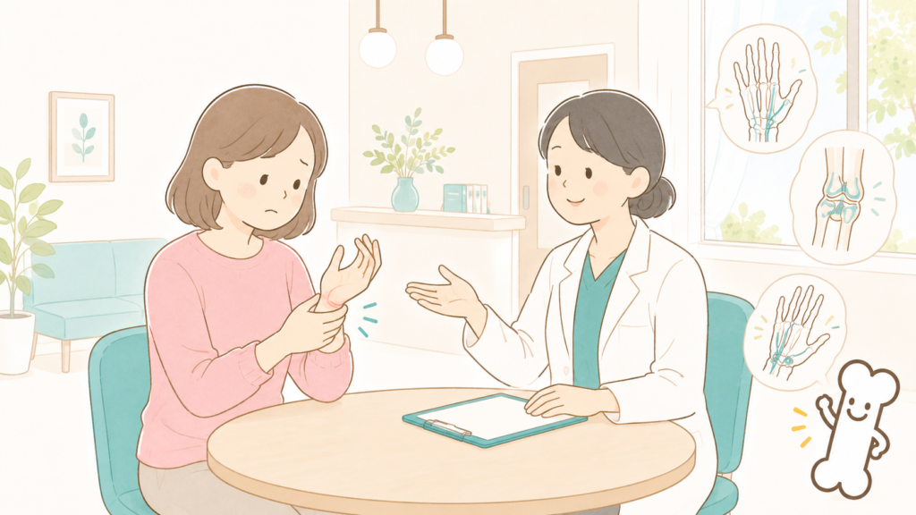 手首の痛みを相談する女性患者と、丁寧に説明する整形外科の女性医師の診察風景イラスト