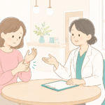 手首の痛みを相談する女性患者と、丁寧に説明する整形外科の女性医師の診察風景イラスト