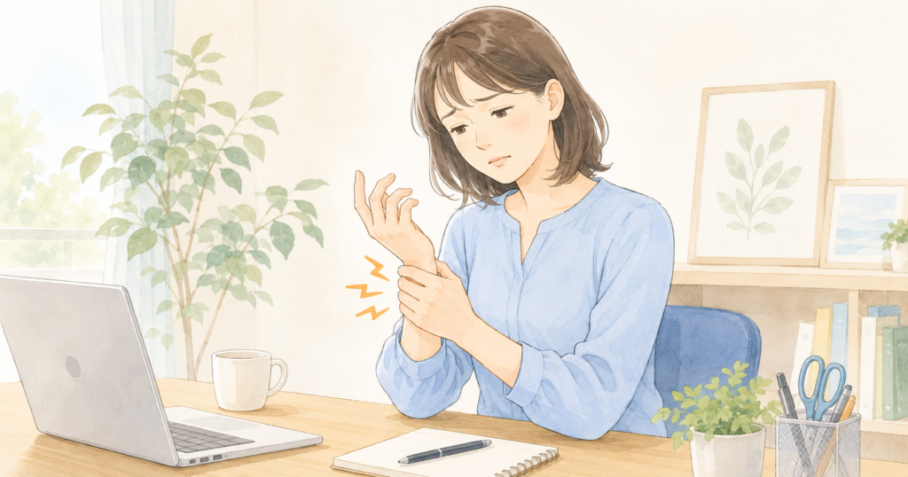家事やパソコン作業の途中で手のしびれや指先の違和感を覚える女性のイラスト(新宿区西早稲田の整形外科「にしむら整形外科クリニック」)