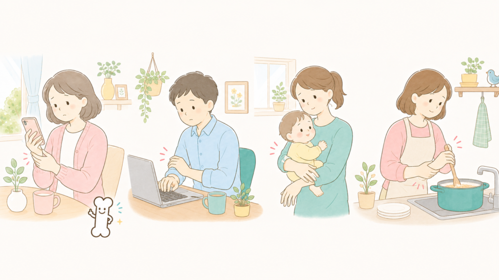 スマートフォン操作やパソコン作業、子どもの抱っこ、家事など、手首や指に負担がかかる日常動作のイラスト