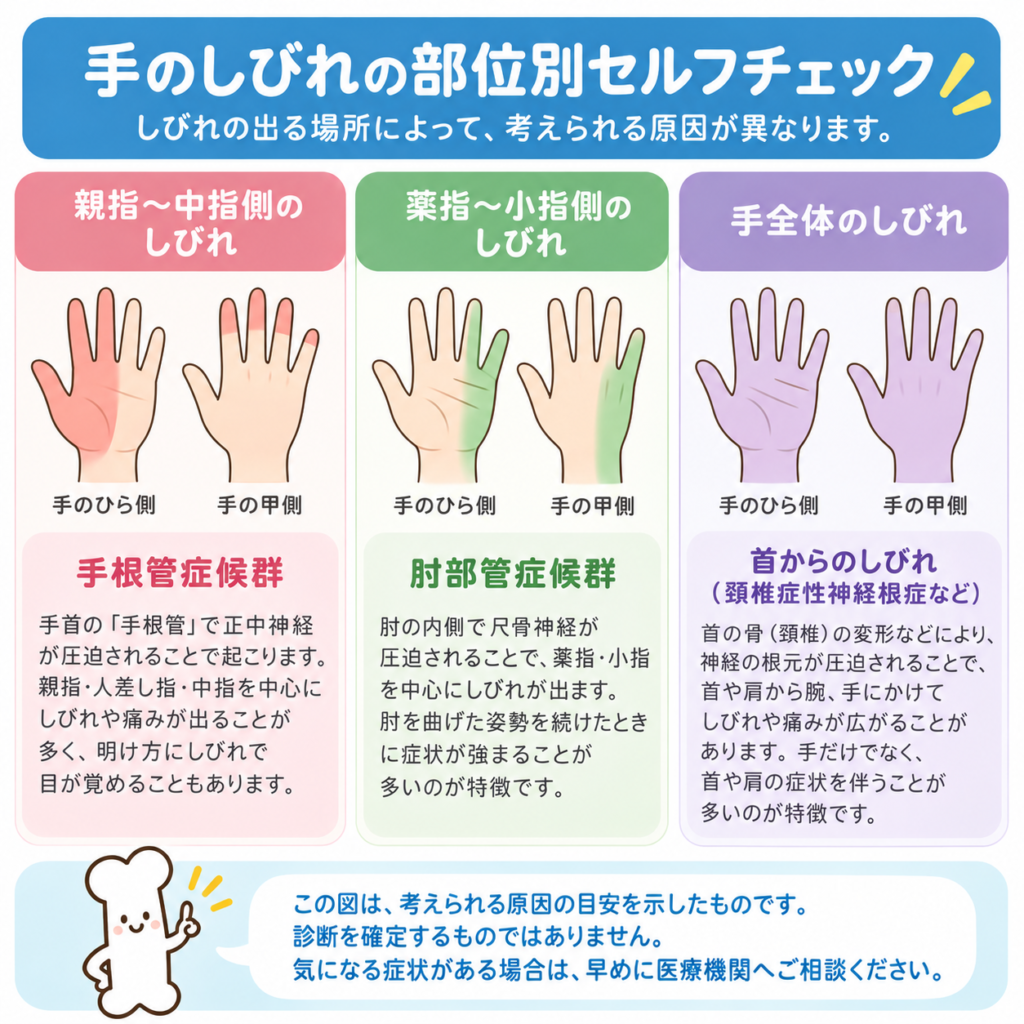 親指〜中指側や小指側など、手のしびれる範囲ごとに考えられる原因(手根管症候群・肘部管症候群・首からの影響など)を示した部位別セルフチェック図(新宿区西早稲田「にしむら整形外科クリニック」)